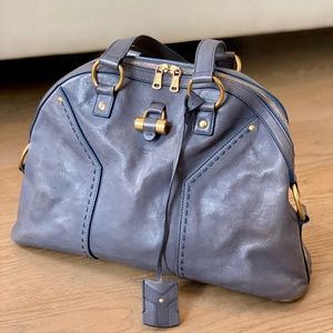 Leather Blue-Grey YSL Muse Satchel
